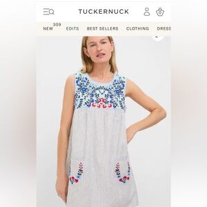 Tuckernuk Striped linen sunny mini Dress with Embroidered Details NWT